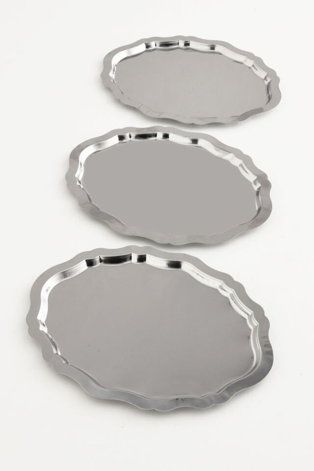 Ovaldi 3'lü Gümüş Paslanmaz Çelik Oval Kahve Sunum Tepsisi Servis Çay Tepsisi Dekoratif Tepsi