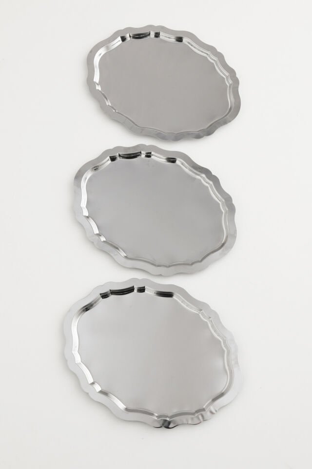 Ovaldi 3'lü Gümüş Paslanmaz Çelik Oval Kahve Sunum Tepsisi Servis Çay Tepsisi Dekoratif Tepsi