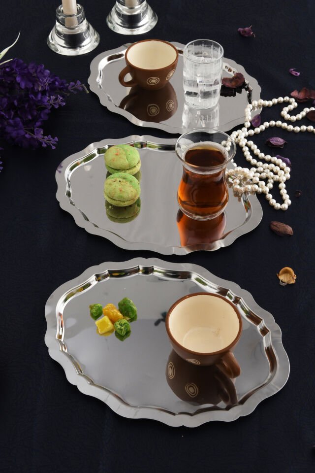 Ovaldi 3'lü Gümüş Paslanmaz Çelik Oval Kahve Sunum Tepsisi Servis Çay Tepsisi Dekoratif Tepsi