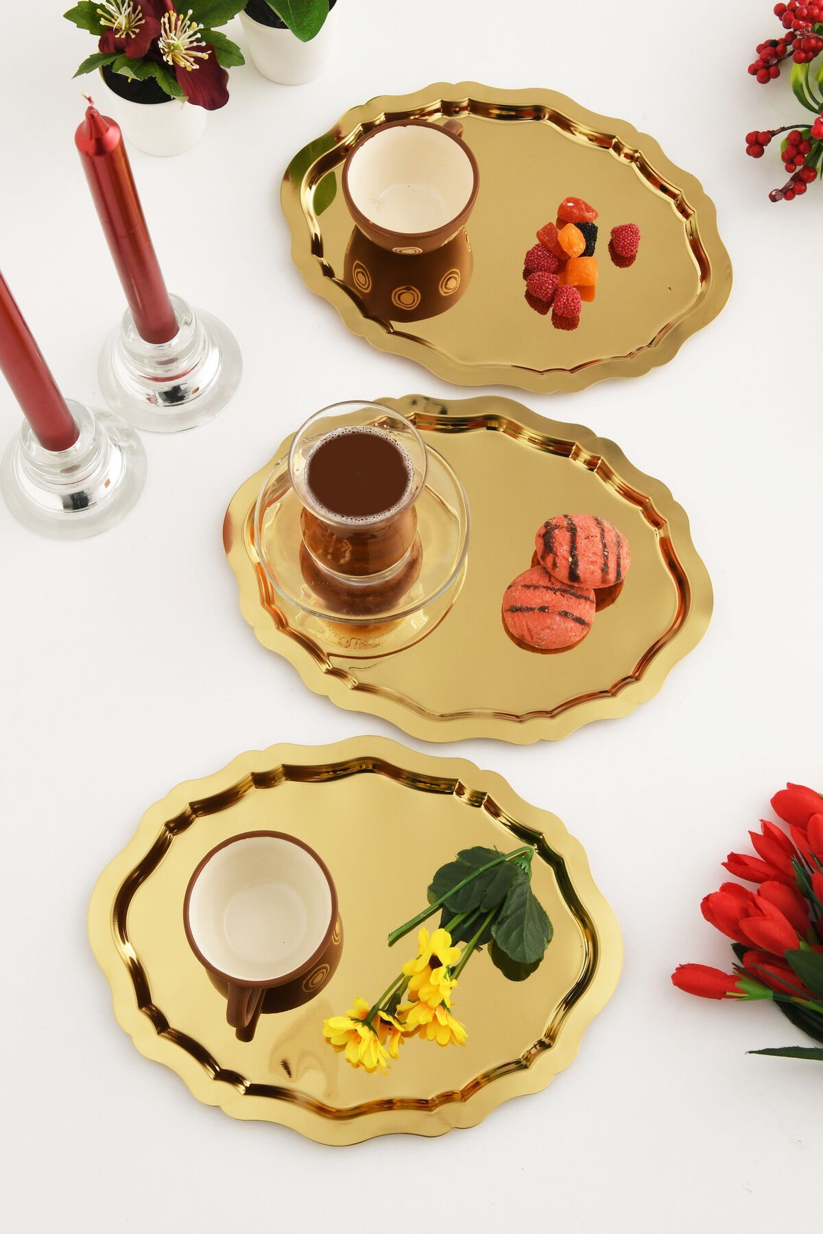 Ovaldi 3'lü Gold Paslanmaz Çelik Oval Kahve Sunum Tepsisi Servis Çay Tepsisi Dekoratif Tepsi