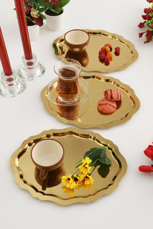 Ovaldi 3'lü Gold Paslanmaz Çelik Oval Kahve Sunum Tepsisi Servis Çay Tepsisi Dekoratif Tepsi