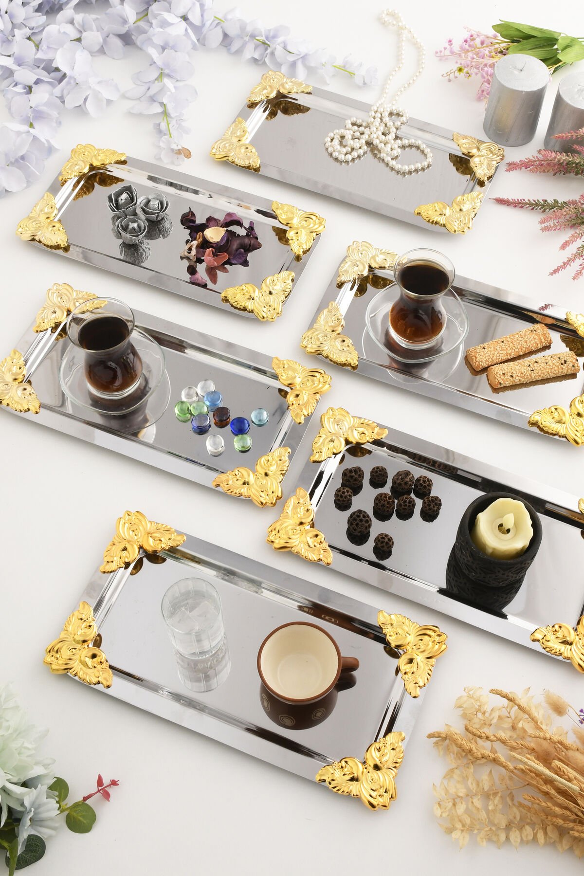Foldosi Gümüş 6'lı Gold Süs Detaylı Kayık Kahve Sunum Tepsisi Servis Çay Tepsisi Dekoratif Tepsi