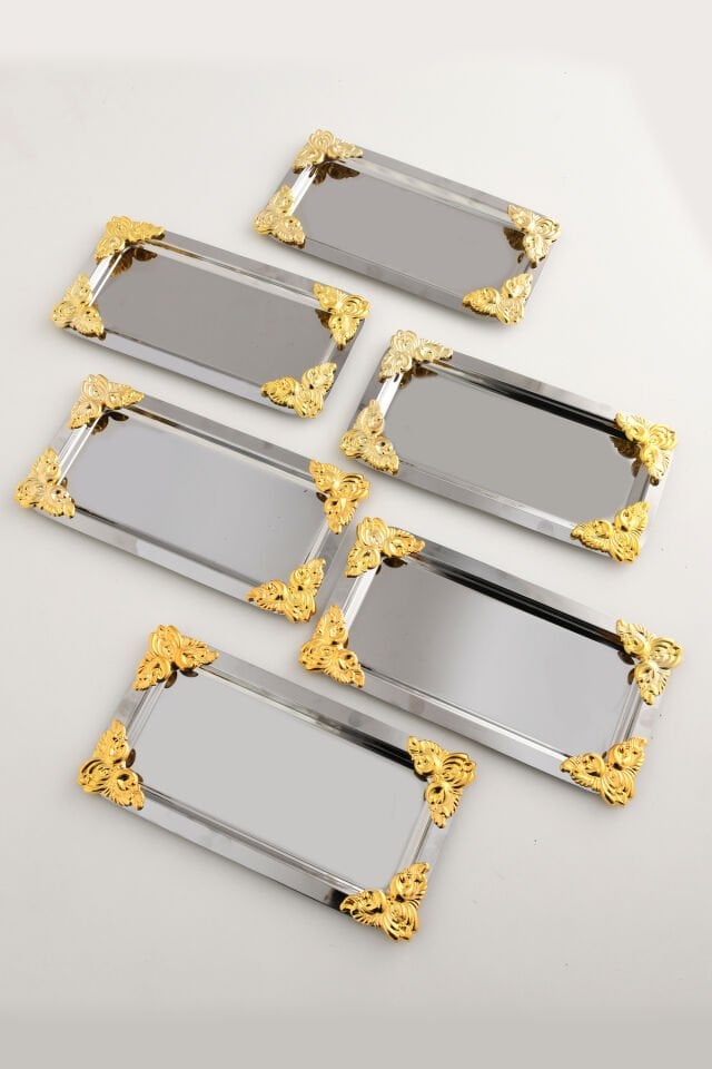 Foldosi Gümüş 6'lı Gold Süs Detaylı Kayık Kahve Sunum Tepsisi Servis Çay Tepsisi Dekoratif Tepsi