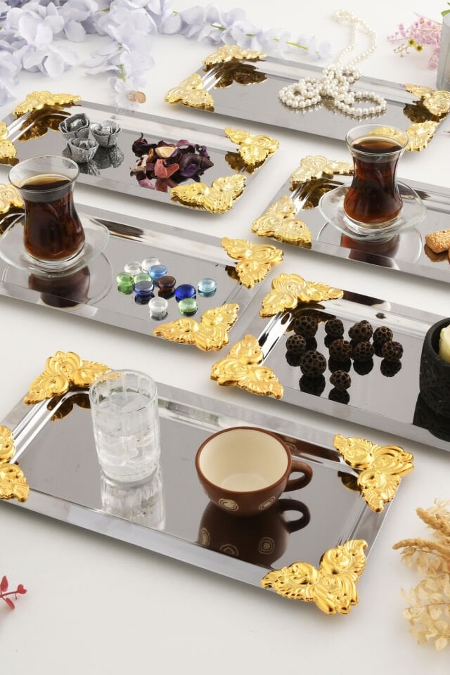 Foldosi Gümüş 6'lı Gold Süs Detaylı Kayık Kahve Sunum Tepsisi Servis Çay Tepsisi Dekoratif Tepsi
