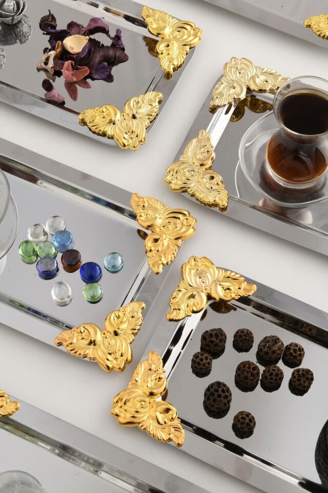 Foldosi Gümüş 6'lı Gold Süs Detaylı Kayık Kahve Sunum Tepsisi Servis Çay Tepsisi Dekoratif Tepsi