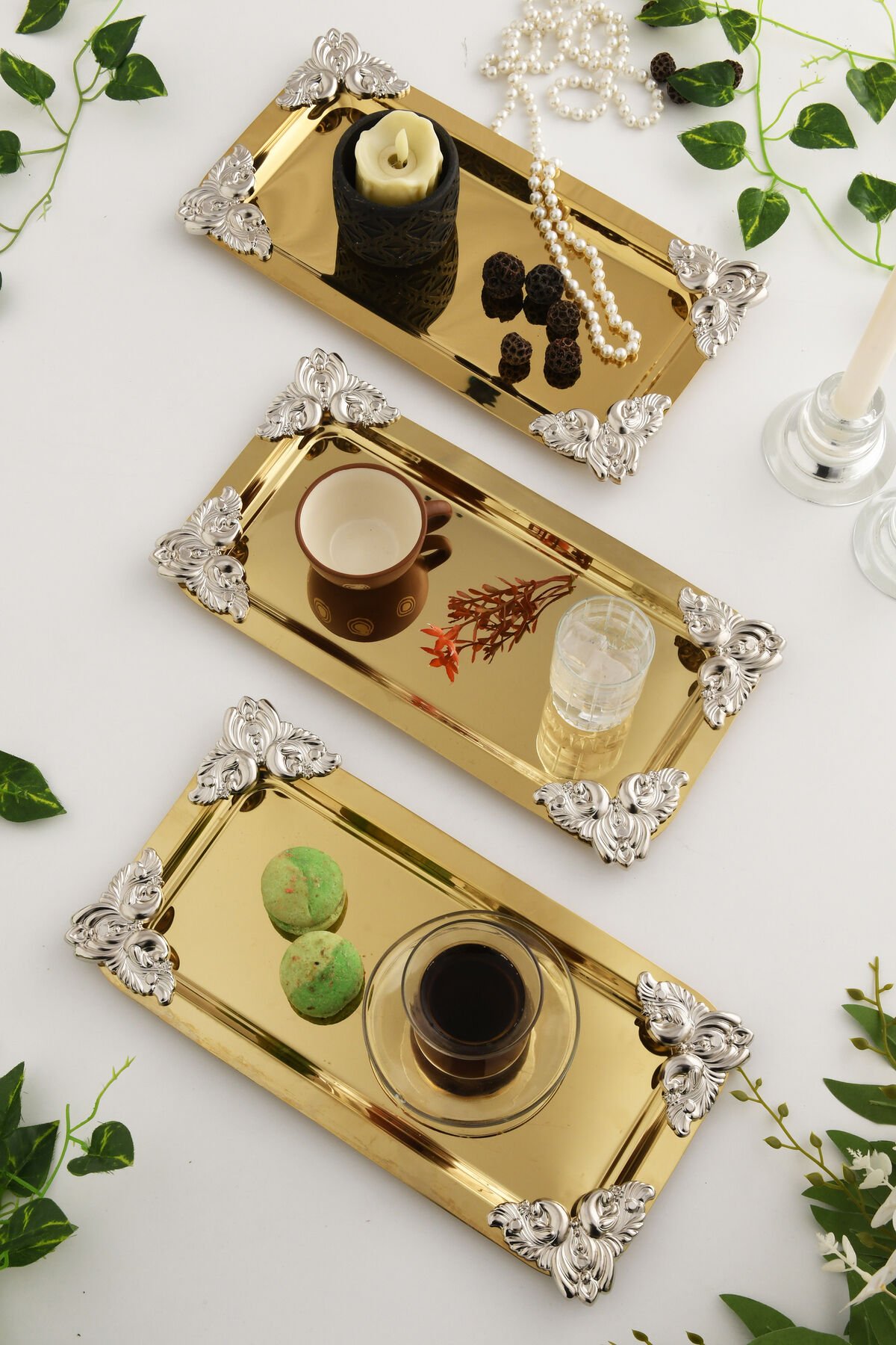 Foldosi Gold 3'lü Gümüş Süs Detaylı Kayık Kahve Sunum Tepsisi Servis Çay Tepsisi Dekoratif Tepsi