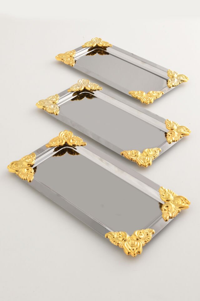 Foldosi Gümüş 3'lü Gold Süs Detaylı Kayık Kahve Sunum Tepsisi Servis Çay Tepsisi Dekoratif Tepsi
