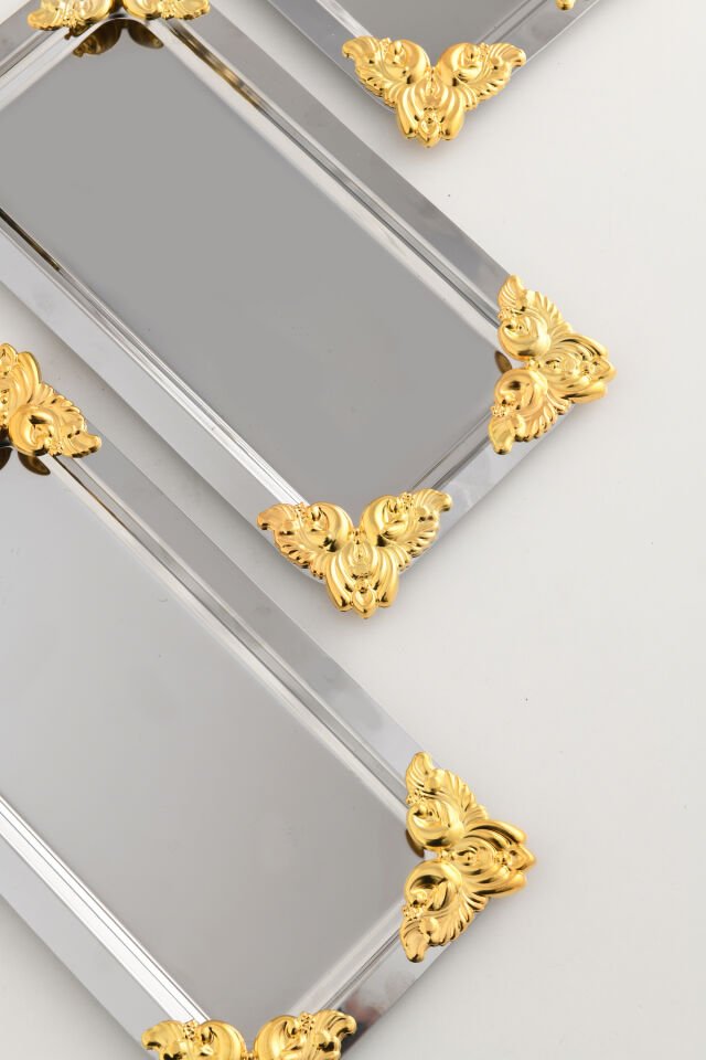 Foldosi Gümüş 3'lü Gold Süs Detaylı Kayık Kahve Sunum Tepsisi Servis Çay Tepsisi Dekoratif Tepsi