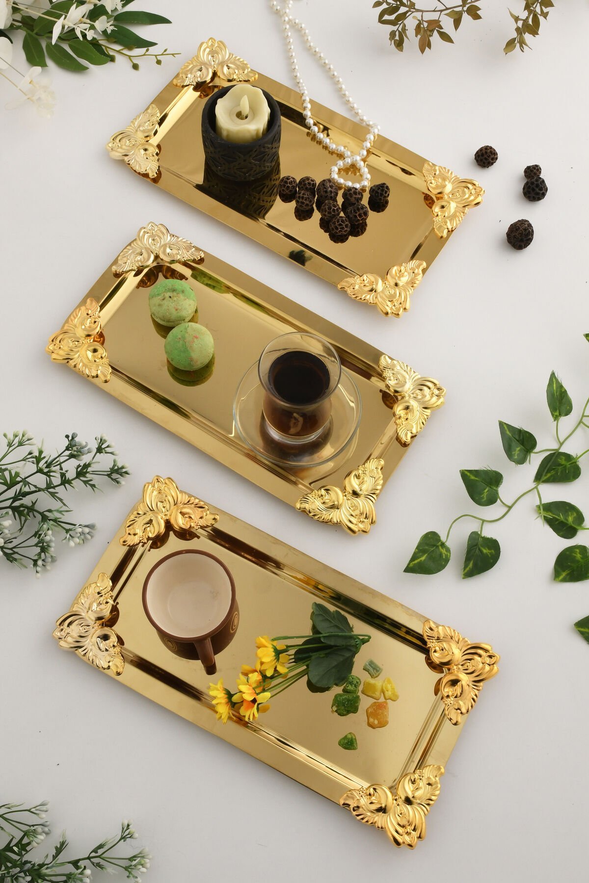 Foldosi Gold 3'lü Gold Süs Detaylı Kayık Kahve Sunum Tepsisi Servis Çay Tepsisi Dekoratif Tepsi