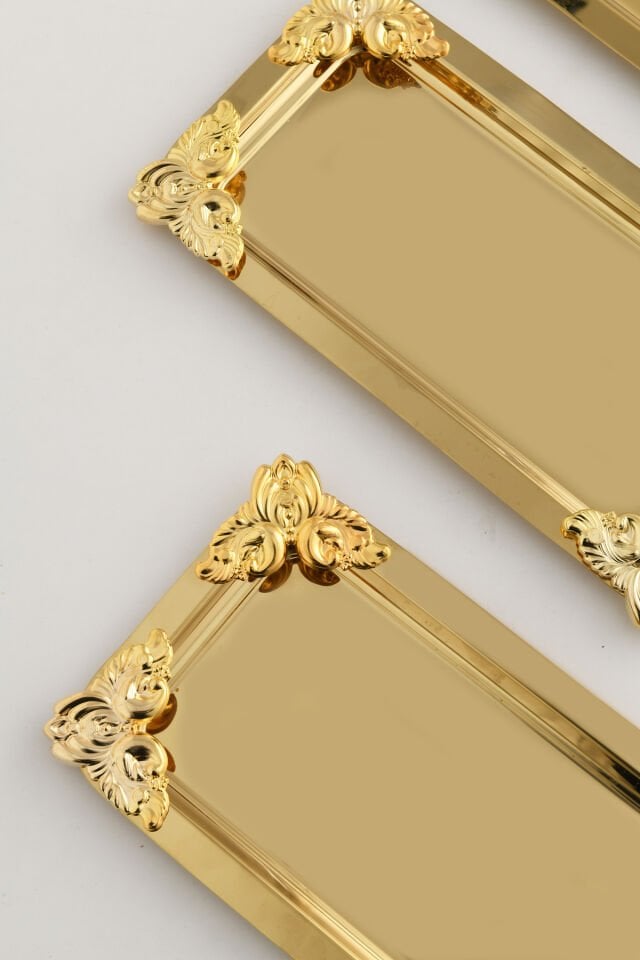 Foldosi Gold 3'lü Gold Süs Detaylı Kayık Kahve Sunum Tepsisi Servis Çay Tepsisi Dekoratif Tepsi