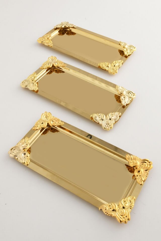 Foldosi Gold 3'lü Gold Süs Detaylı Kayık Kahve Sunum Tepsisi Servis Çay Tepsisi Dekoratif Tepsi