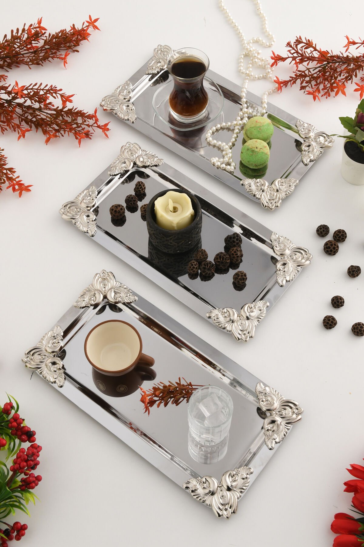 Foldosi Gümüş 3'lü Gümüş Süs Detaylı Kayık Kahve Sunum Tepsisi Servis Çay Tepsisi Dekoratif Tepsi
