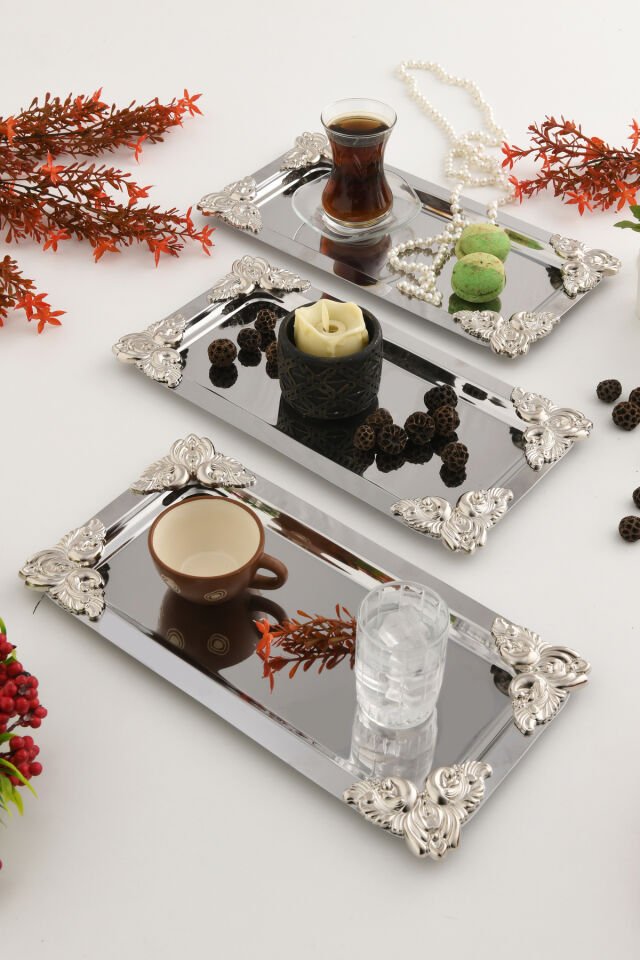 Foldosi Gümüş 3'lü Gümüş Süs Detaylı Kayık Kahve Sunum Tepsisi Servis Çay Tepsisi Dekoratif Tepsi