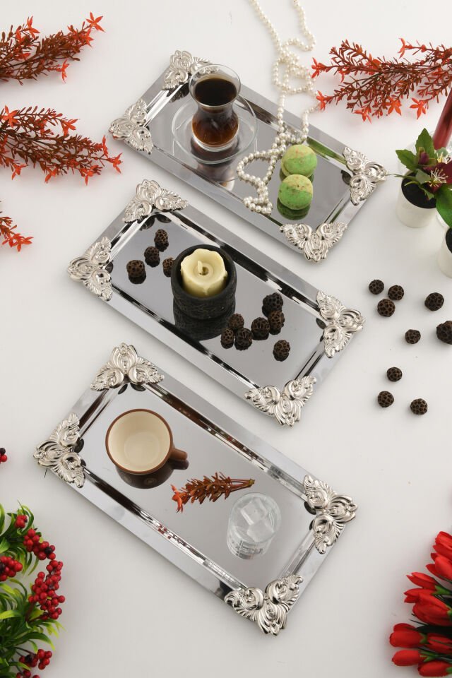 Foldosi Gümüş 3'lü Gümüş Süs Detaylı Kayık Kahve Sunum Tepsisi Servis Çay Tepsisi Dekoratif Tepsi