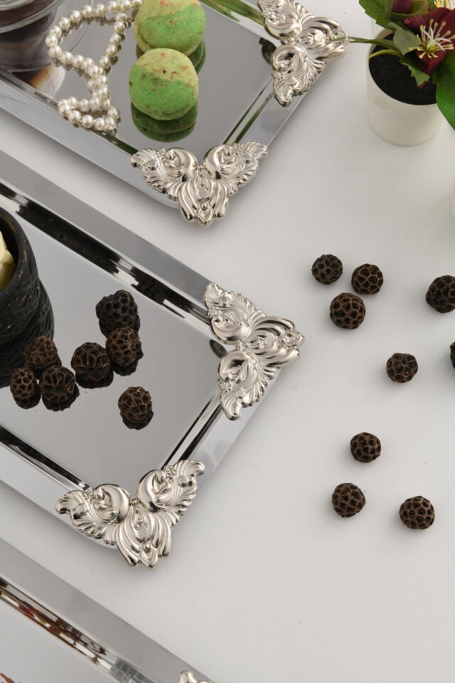 Foldosi Gümüş 3'lü Gümüş Süs Detaylı Kayık Kahve Sunum Tepsisi Servis Çay Tepsisi Dekoratif Tepsi