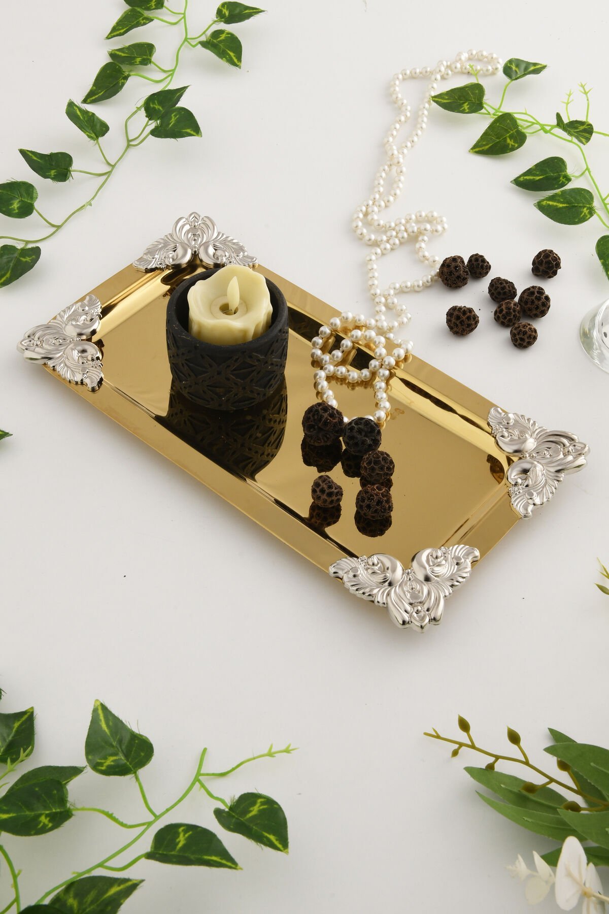 Foldosi Gold Gümüş Süs Detaylı Kayık Kahve Sunum Tepsisi Servis Çay Tepsisi Dekoratif Tepsi