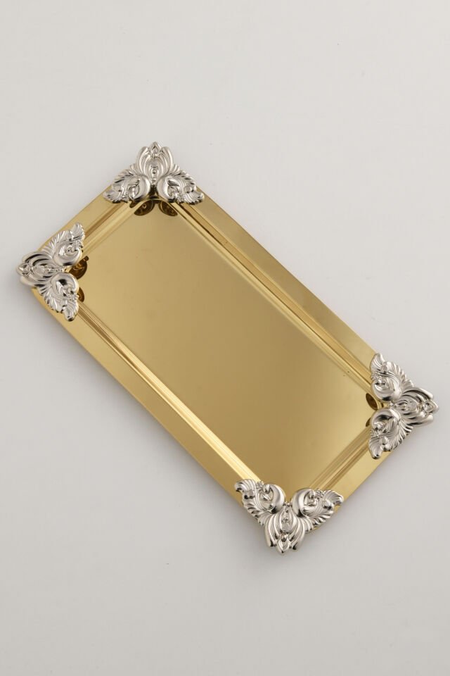 Foldosi Gold Gümüş Süs Detaylı Kayık Kahve Sunum Tepsisi Servis Çay Tepsisi Dekoratif Tepsi