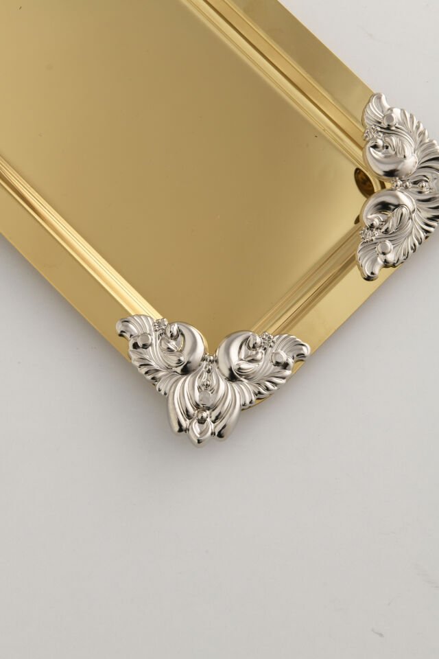 Foldosi Gold Gümüş Süs Detaylı Kayık Kahve Sunum Tepsisi Servis Çay Tepsisi Dekoratif Tepsi