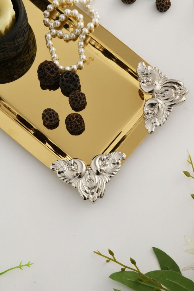Foldosi Gold Gümüş Süs Detaylı Kayık Kahve Sunum Tepsisi Servis Çay Tepsisi Dekoratif Tepsi
