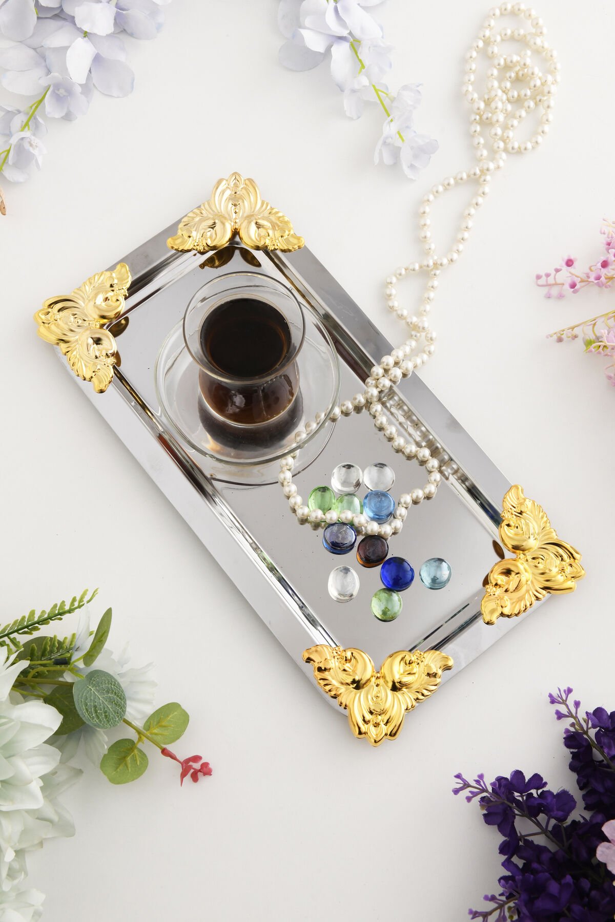 Foldosi Gümüş Gold Süs Detaylı Kayık Kahve Sunum Tepsisi Servis Çay Tepsisi Dekoratif Tepsi