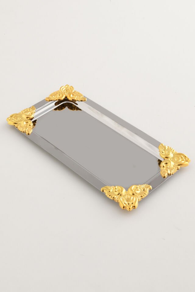 Foldosi Gümüş Gold Süs Detaylı Kayık Kahve Sunum Tepsisi Servis Çay Tepsisi Dekoratif Tepsi