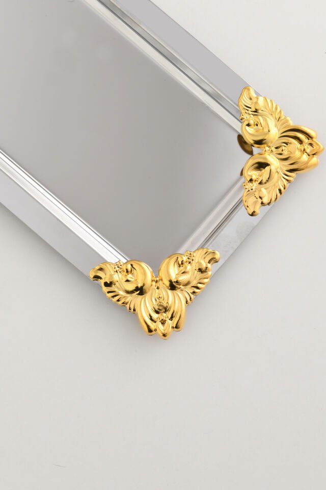 Foldosi Gümüş Gold Süs Detaylı Kayık Kahve Sunum Tepsisi Servis Çay Tepsisi Dekoratif Tepsi