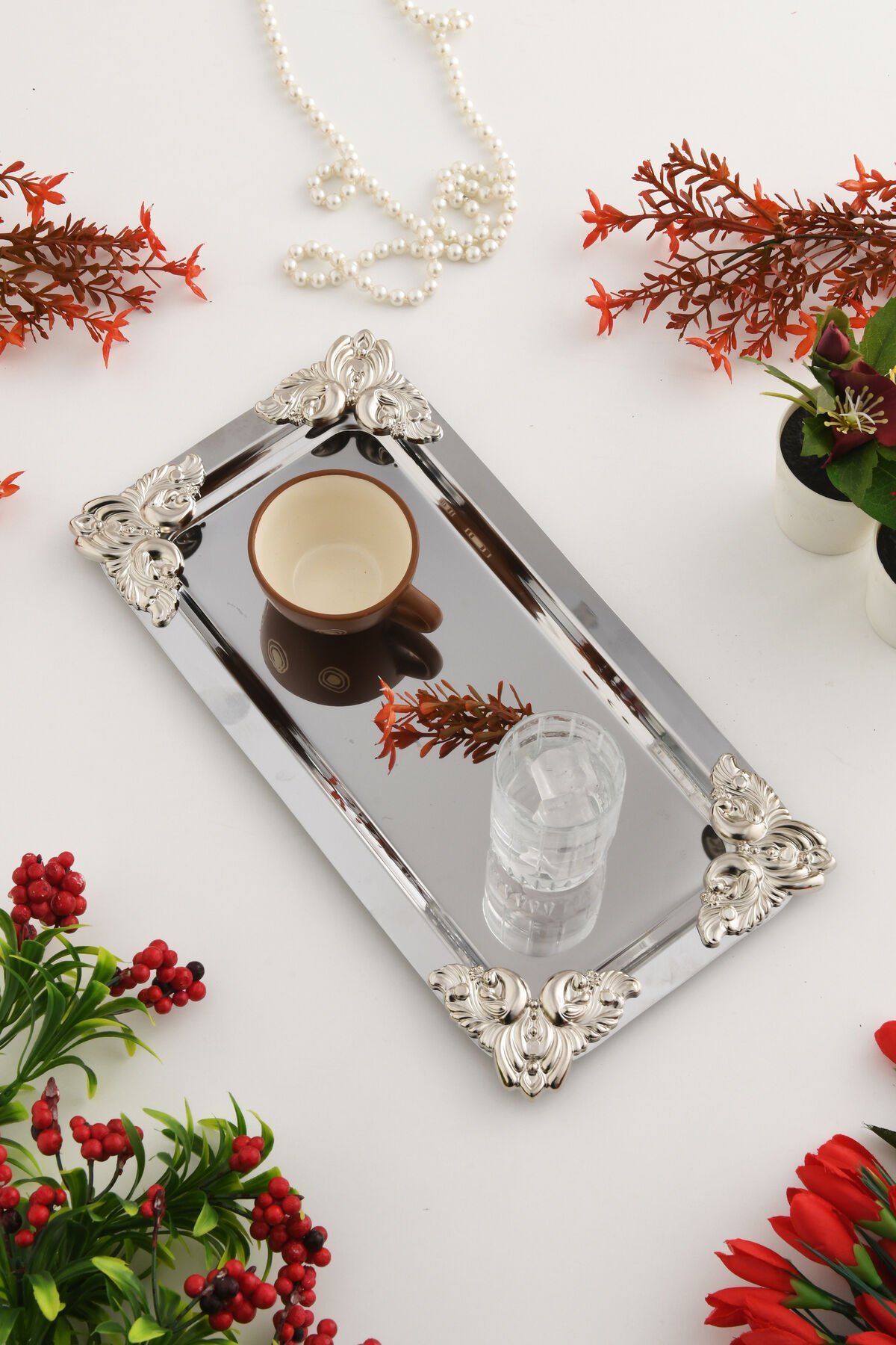 Foldosi Gümüş Gümüş Süs Detaylı Kayık Kahve Sunum Tepsisi Servis Çay Tepsisi Dekoratif Tepsi