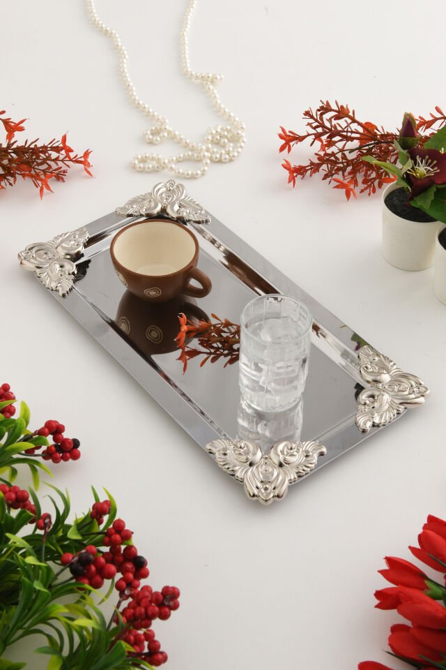 Foldosi Gümüş Gümüş Süs Detaylı Kayık Kahve Sunum Tepsisi Servis Çay Tepsisi Dekoratif Tepsi