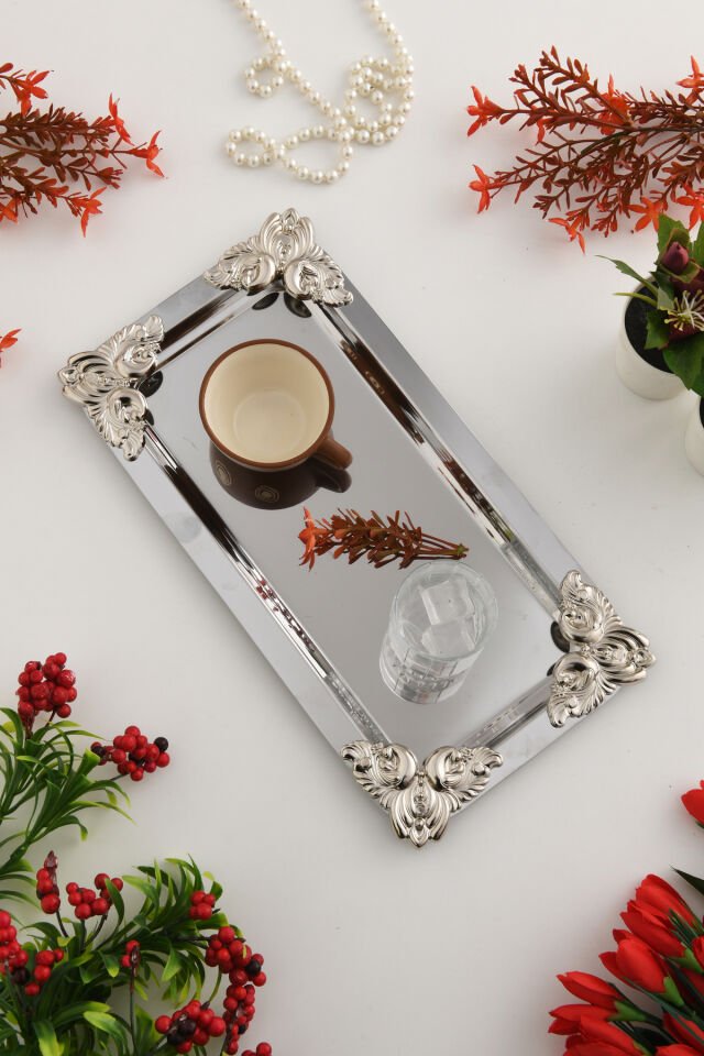 Foldosi Gümüş Gümüş Süs Detaylı Kayık Kahve Sunum Tepsisi Servis Çay Tepsisi Dekoratif Tepsi