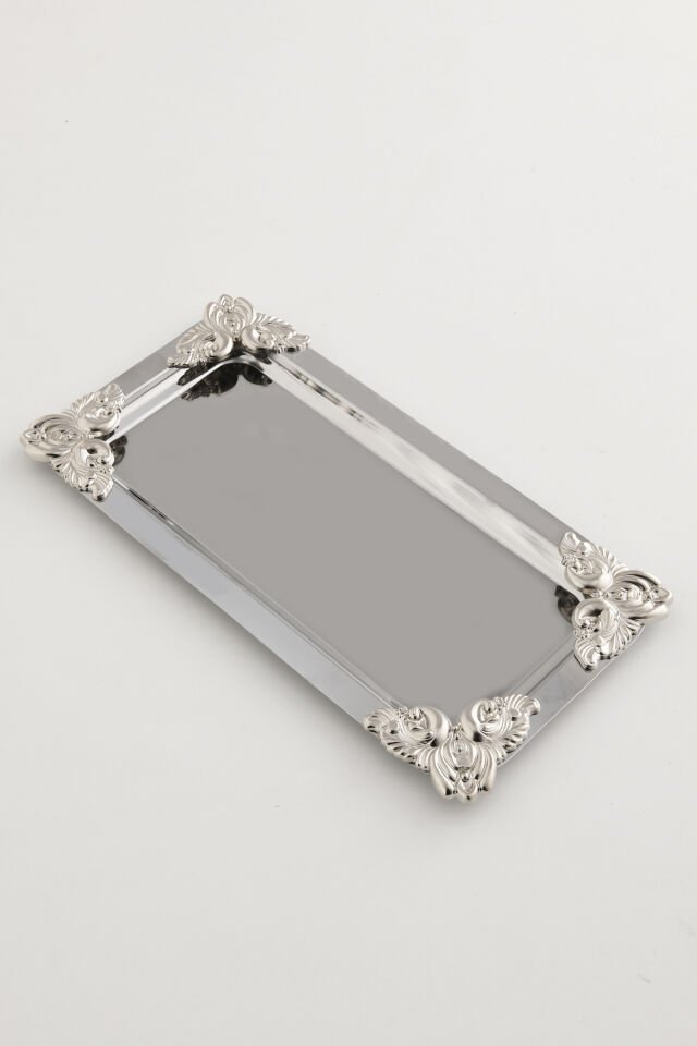 Foldosi Gümüş Gümüş Süs Detaylı Kayık Kahve Sunum Tepsisi Servis Çay Tepsisi Dekoratif Tepsi