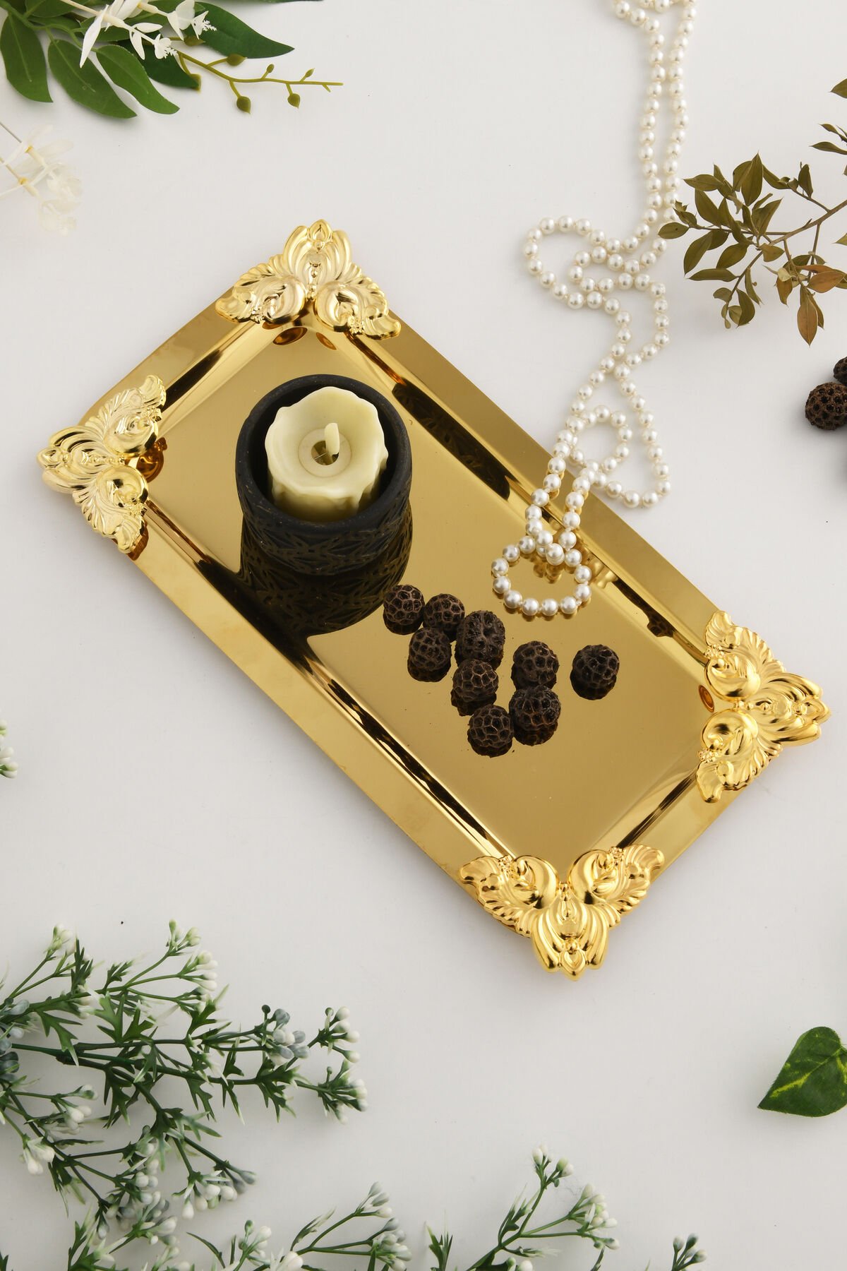 Foldosi Gold Gold Süs Detaylı Kayık Kahve Sunum Tepsisi Servis Çay Tepsisi Dekoratif Tepsi