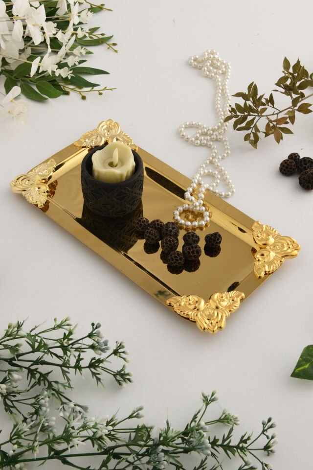Foldosi Gold Gold Süs Detaylı Kayık Kahve Sunum Tepsisi Servis Çay Tepsisi Dekoratif Tepsi