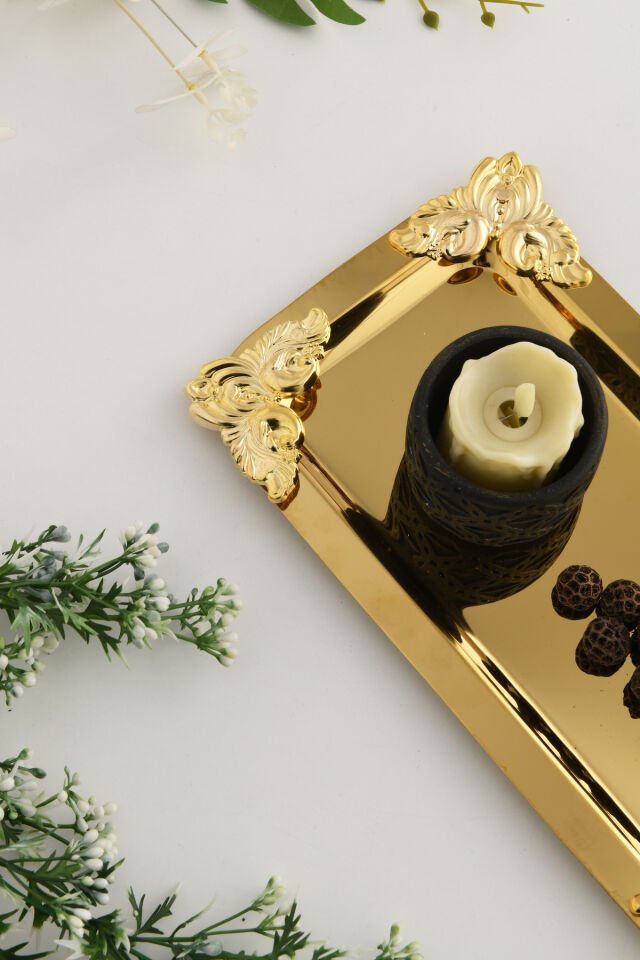 Foldosi Gold Gold Süs Detaylı Kayık Kahve Sunum Tepsisi Servis Çay Tepsisi Dekoratif Tepsi