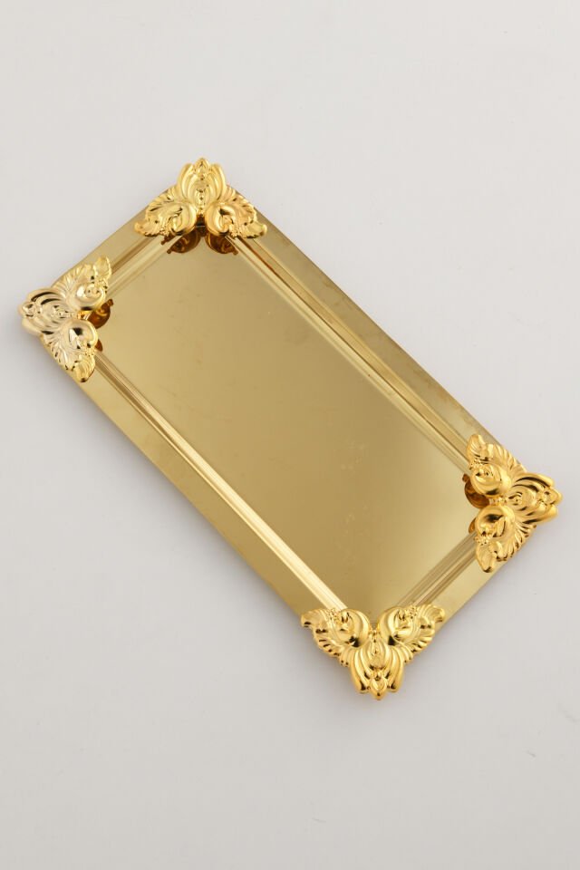 Foldosi Gold Gold Süs Detaylı Kayık Kahve Sunum Tepsisi Servis Çay Tepsisi Dekoratif Tepsi