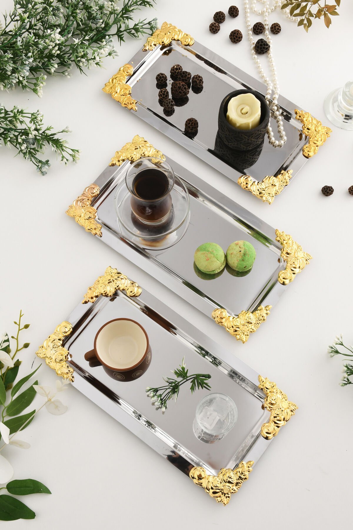 Molisi Gümüş 3'lü Gold Süs Detaylı Kayık Kahve Sunum Tepsisi Servis Çay Tepsisi Dekoratif Tepsi