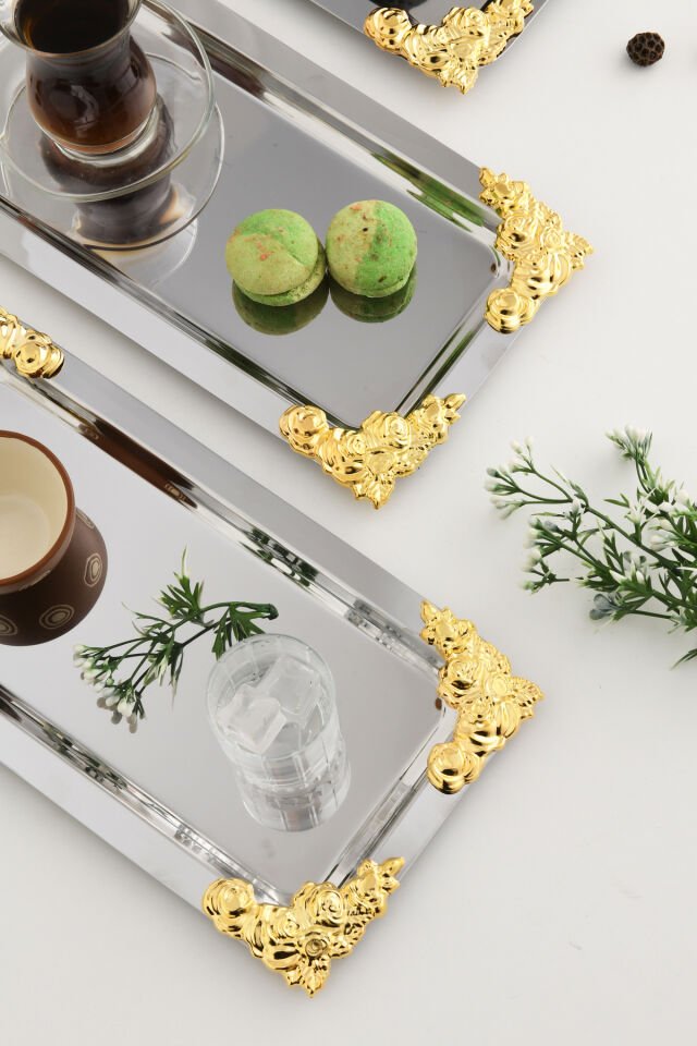 Molisi Gümüş 3'lü Gold Süs Detaylı Kayık Kahve Sunum Tepsisi Servis Çay Tepsisi Dekoratif Tepsi