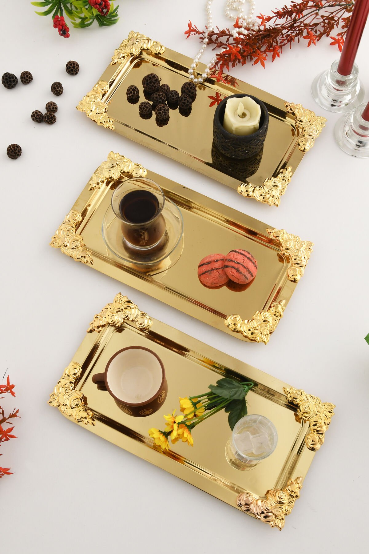 Molisi Gold 3'lü Gold Süs Detaylı Kayık Kahve Sunum Tepsisi Servis Çay Tepsisi Dekoratif Tepsi
