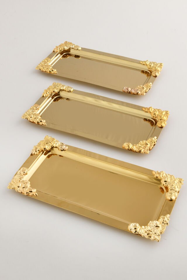 Molisi Gold 3'lü Gold Süs Detaylı Kayık Kahve Sunum Tepsisi Servis Çay Tepsisi Dekoratif Tepsi