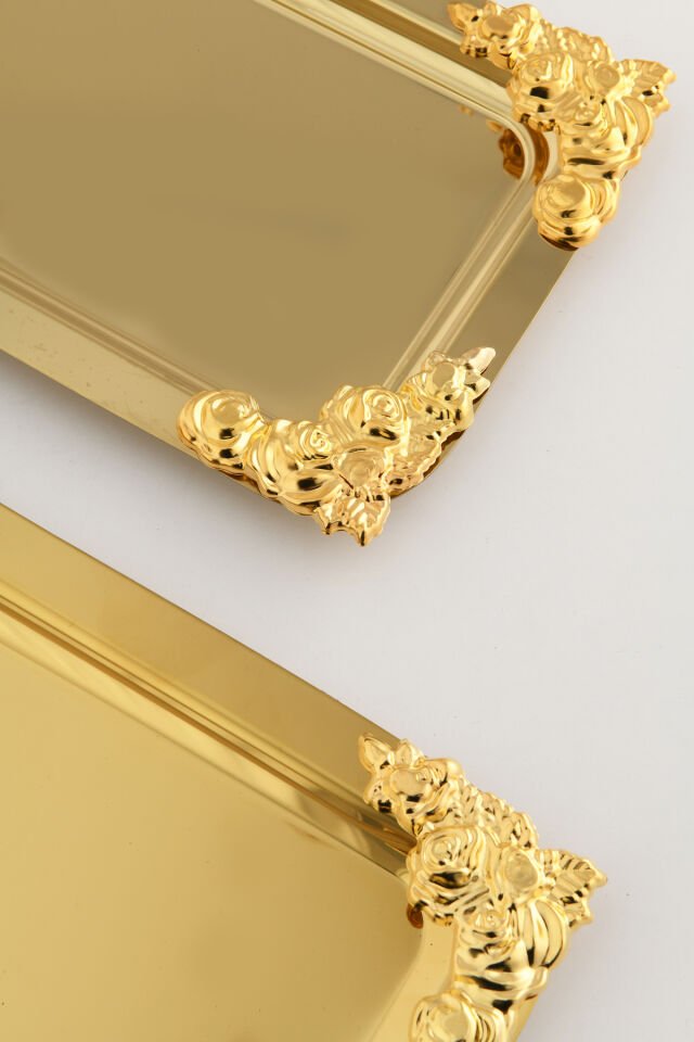 Molisi Gold 3'lü Gold Süs Detaylı Kayık Kahve Sunum Tepsisi Servis Çay Tepsisi Dekoratif Tepsi