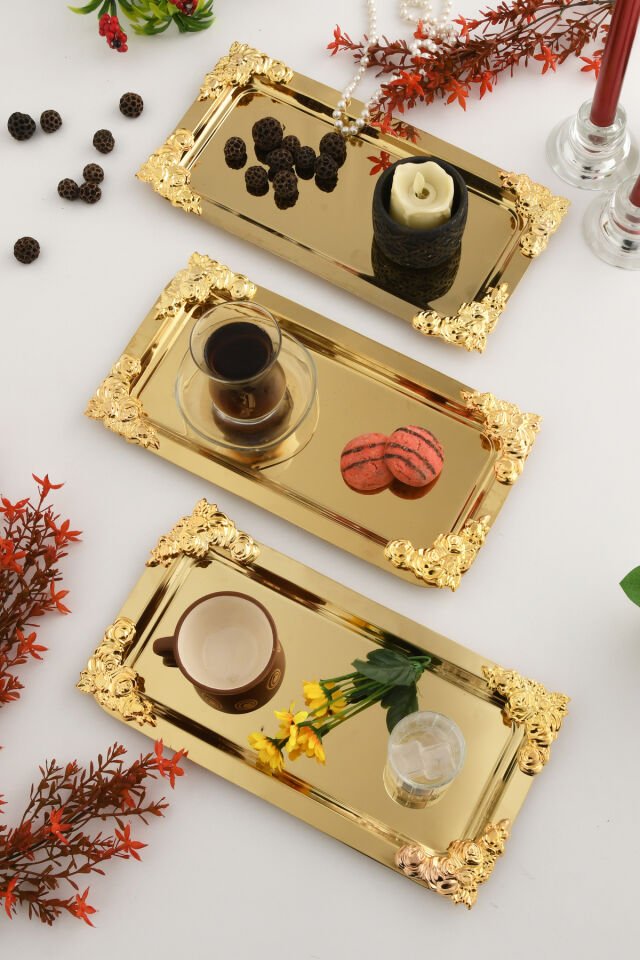 Molisi Gold 3'lü Gold Süs Detaylı Kayık Kahve Sunum Tepsisi Servis Çay Tepsisi Dekoratif Tepsi
