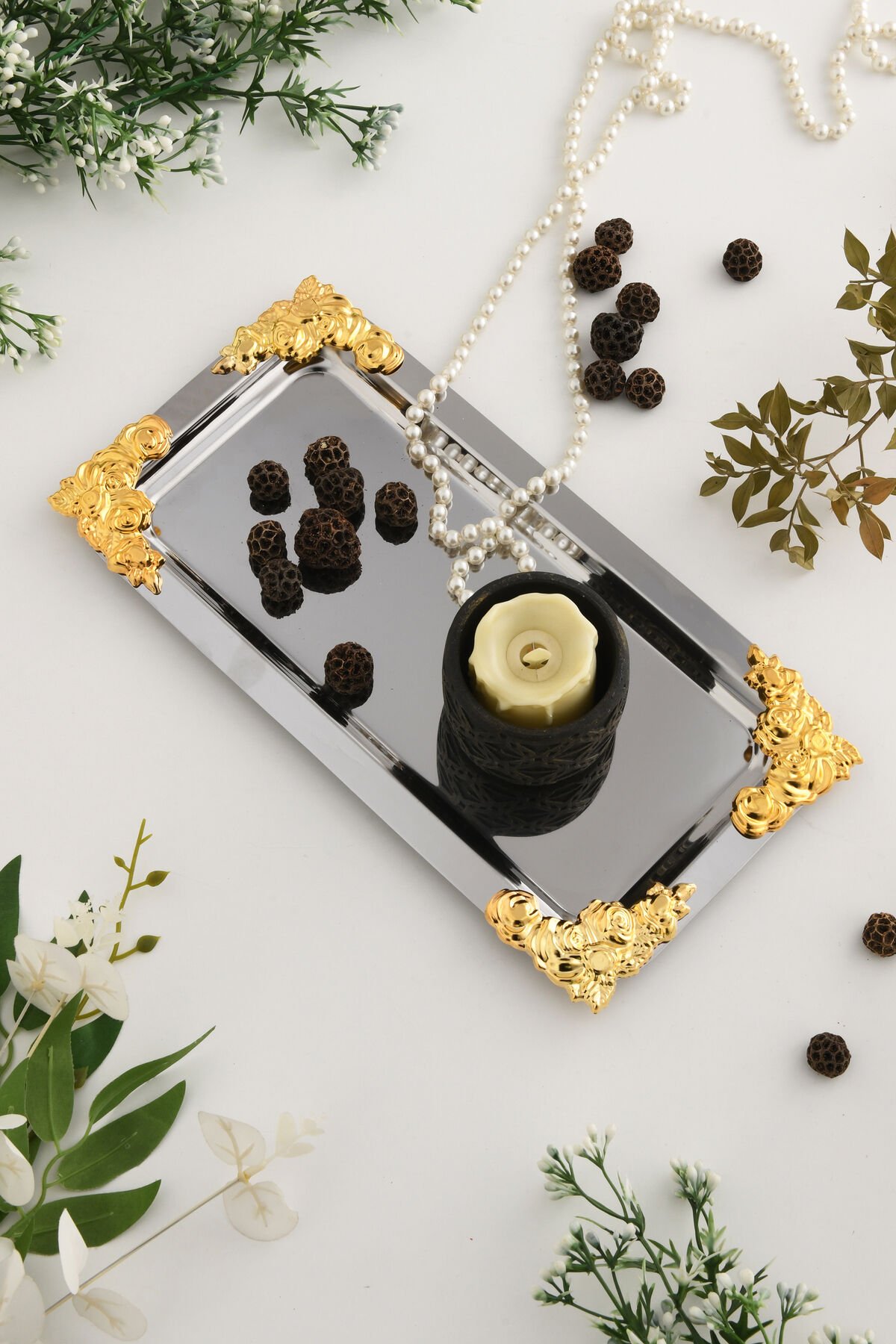 Molisi Gümüş Gold Süs Detaylı Kayık Kahve Sunum Tepsisi Servis Çay Tepsisi Dekoratif Tepsi