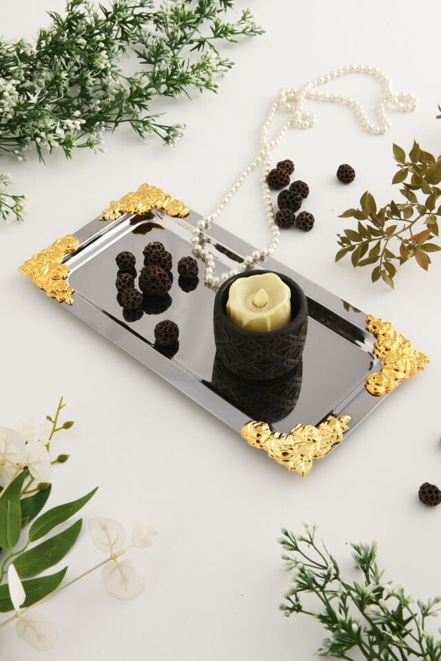Molisi Gümüş Gold Süs Detaylı Kayık Kahve Sunum Tepsisi Servis Çay Tepsisi Dekoratif Tepsi