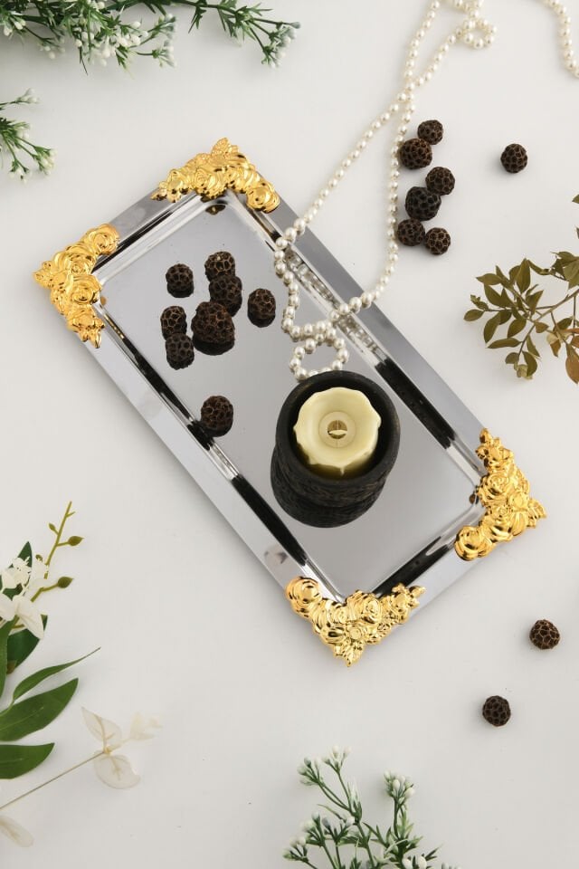 Molisi Gümüş Gold Süs Detaylı Kayık Kahve Sunum Tepsisi Servis Çay Tepsisi Dekoratif Tepsi