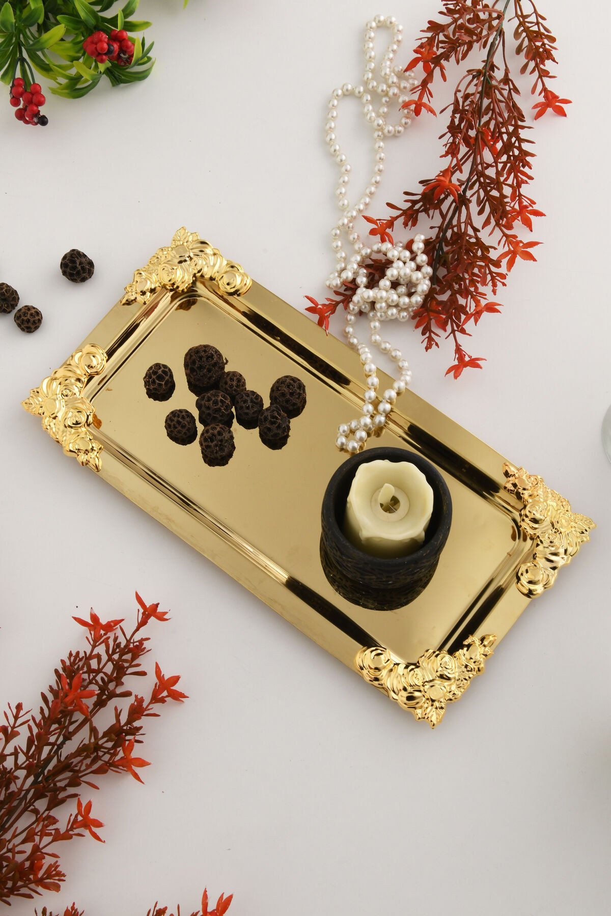 Molisi Gold Gold Süs Detaylı Kayık Kahve Sunum Tepsisi Servis Çay Tepsisi Dekoratif Tepsi