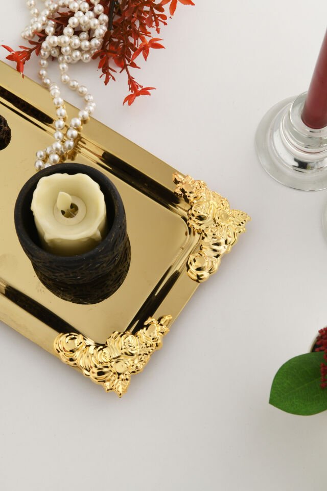 Molisi Gold Gold Süs Detaylı Kayık Kahve Sunum Tepsisi Servis Çay Tepsisi Dekoratif Tepsi