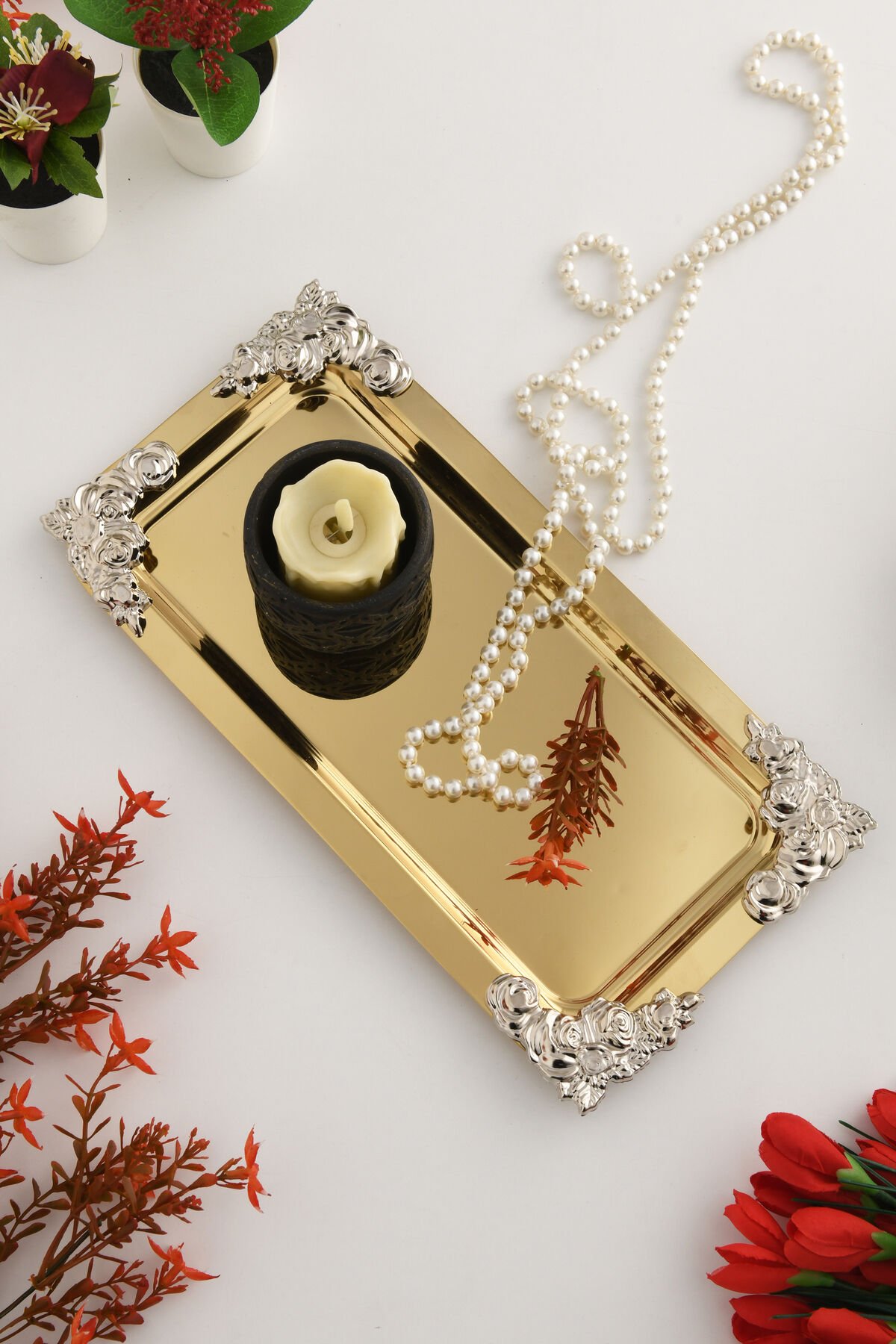 Molisi Gold Gümüş Süs Detaylı Kayık Kahve Sunum Tepsisi Servis Çay Tepsisi Dekoratif Tepsi