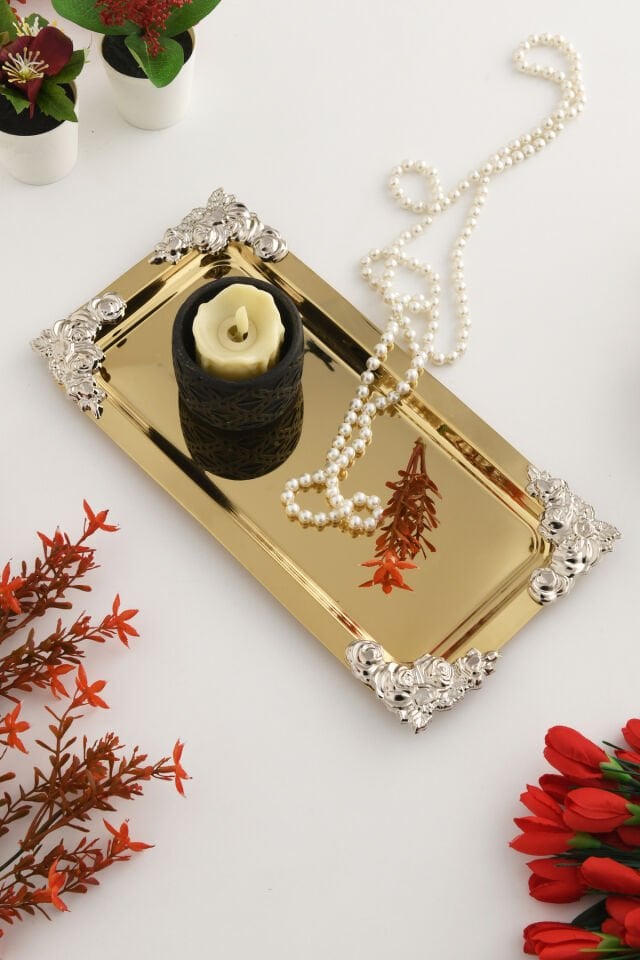 Molisi Gold Gümüş Süs Detaylı Kayık Kahve Sunum Tepsisi Servis Çay Tepsisi Dekoratif Tepsi