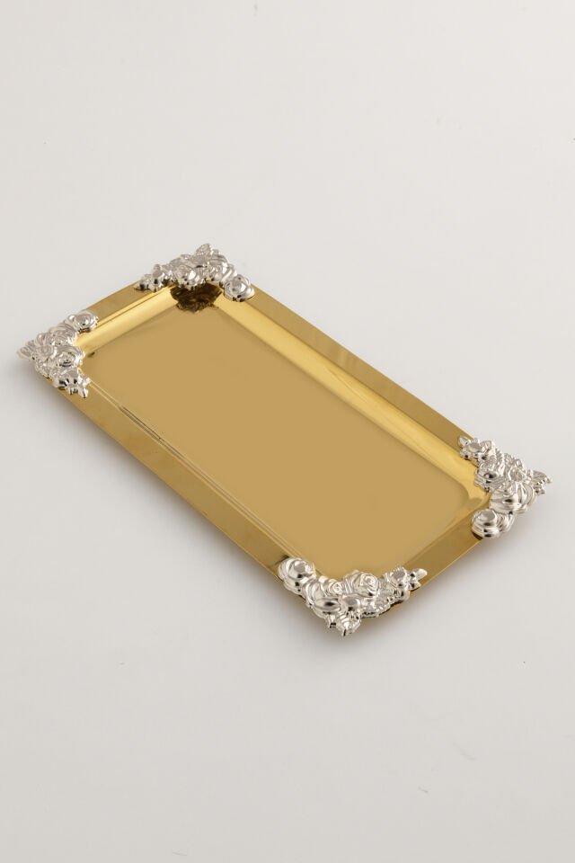 Molisi Gold Gümüş Süs Detaylı Kayık Kahve Sunum Tepsisi Servis Çay Tepsisi Dekoratif Tepsi