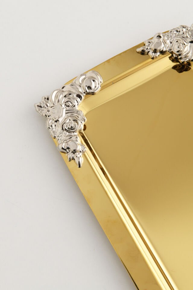 Molisi Gold Gümüş Süs Detaylı Kayık Kahve Sunum Tepsisi Servis Çay Tepsisi Dekoratif Tepsi