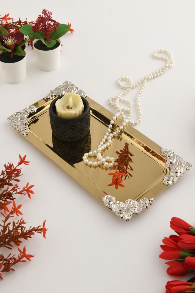 Molisi Gold Gümüş Süs Detaylı Kayık Kahve Sunum Tepsisi Servis Çay Tepsisi Dekoratif Tepsi